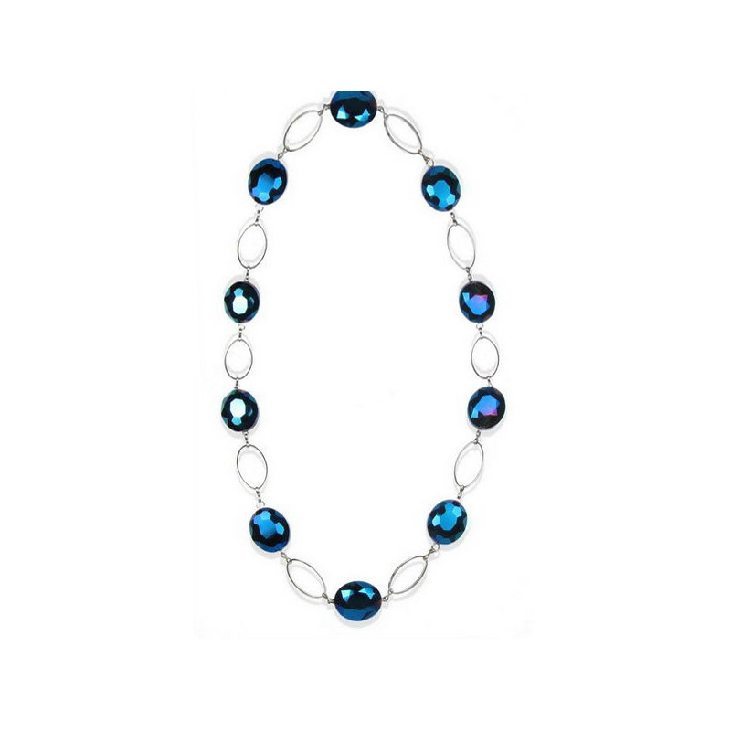 Long Collier Femme en Cristal Bleu et Plaque Argent
