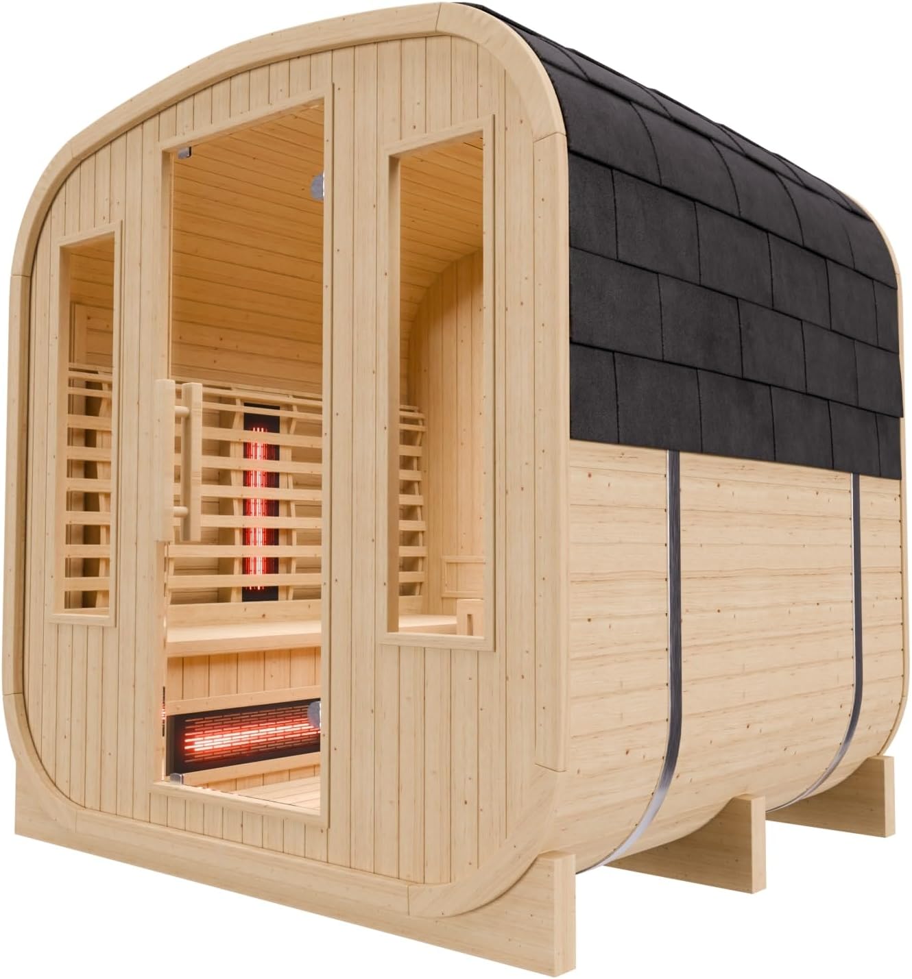 Dewello® - Outdoor Fasssauna Richmond - ca. 200 cm x 180 cm x 200 cm, Fichtenholz - Cube inkl. 10 Infrarotstrahler, Saunaofen und Saunazubehör I Gartensauna, Außensauna, Sauna Fass für 4 Personen