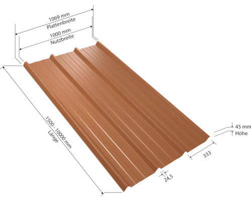 PRECIT trapeziumvormige dakbaan met anticondensvlies W45LV koperbruin RAL 8004 vaste breedte 1075 mm x dikte 0,5 mm (verkocht per meter van 150 tot max. 900 cm)