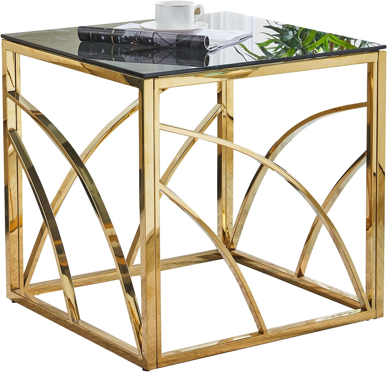 Beistelltische Couchtisch Sofatisch für Wohnzimmer, Schlafzimmer Küche Café und Bar, moderner Kaffeetisch mit Edelstahl Gestell und transparentem Hartglas (golden Grauer Glas)