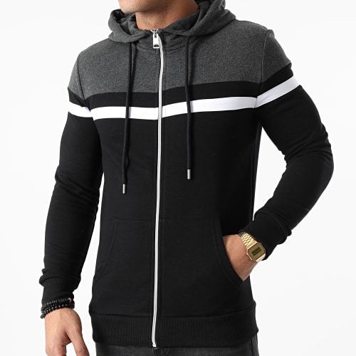 Sweat Zippé Capuche Tricolore 1313 Noir Gris Anthracite