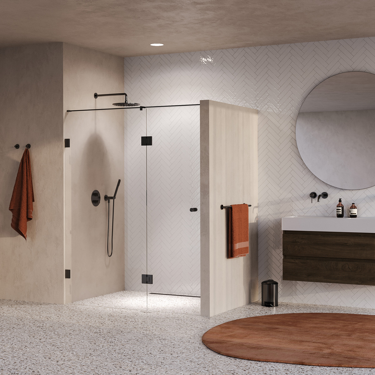Brauer Void Carving profielloze nisdeur 160cm met draaideur 70cm aan glas gunmetal geborsteld PVD