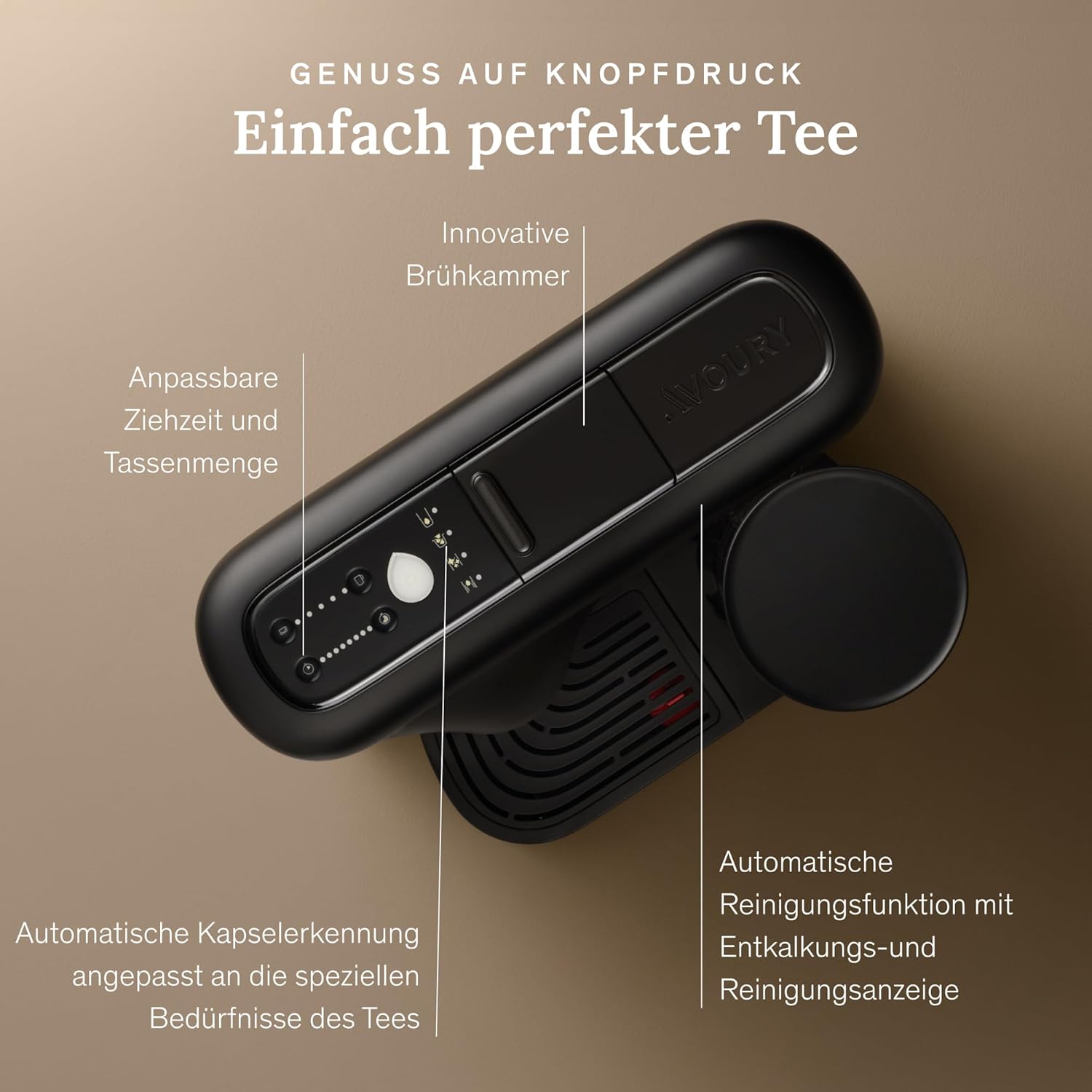 Avoury One Teemaschine – Premium Kapsel-Teebereiter mit innovativer Brühkammer, automatischer Temperaturregelung, für perfekten Teegenuss, modernes Design (Pure Black, ohne Bundle)
