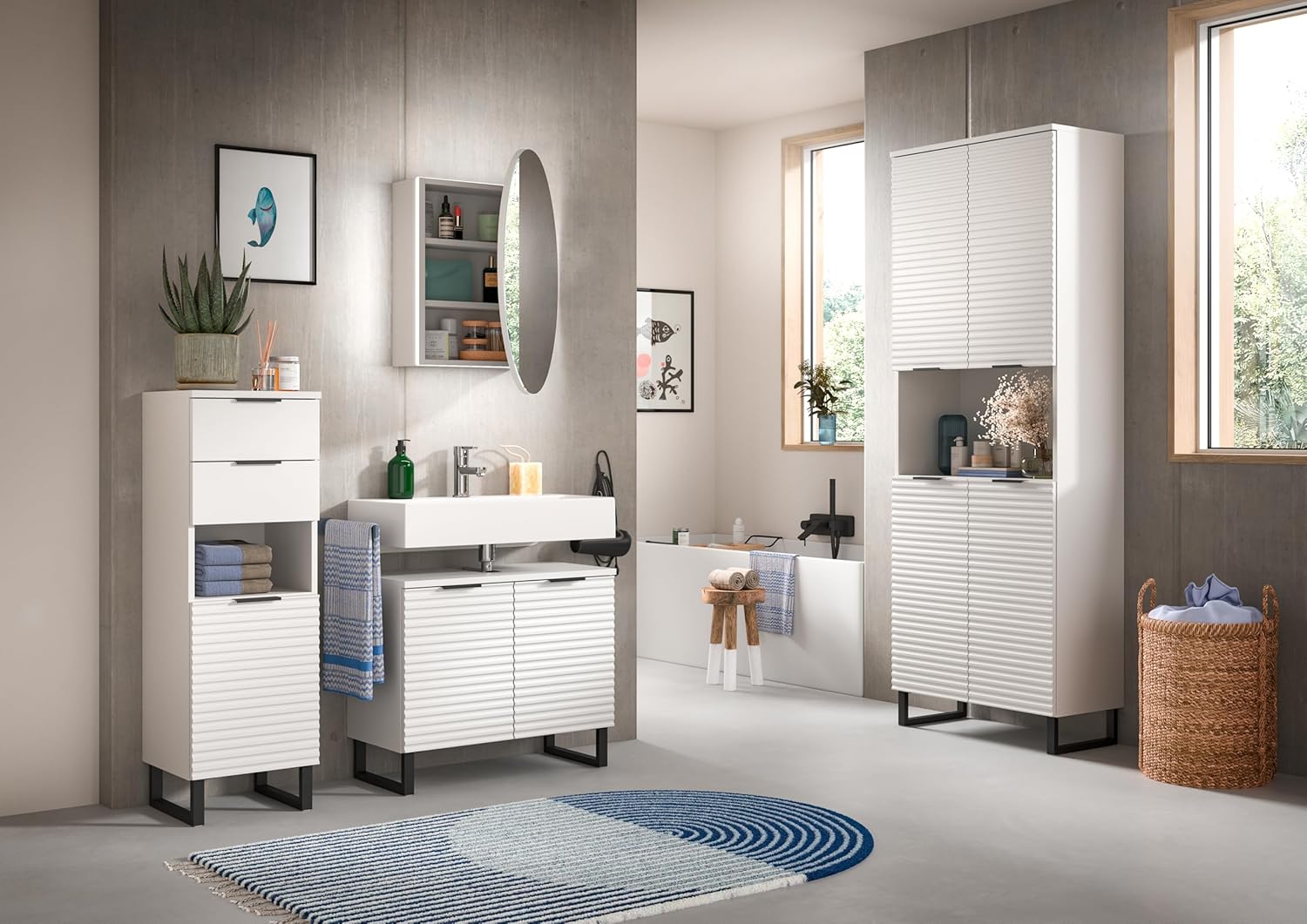 xonox.home Badezimmer Riff 2tlg. Kombination Badmöbel Set kleine Bäder Komplettprogramm Bademöbel-Set in weiß Waschbeckenunterschrank Spiegelschrank rund