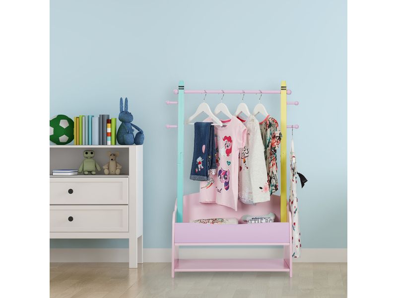 relaxdays Kleiderständer für Kinder 71 x 100.5 cm, Gelb/Ros Garderobenständer mit Kleiderstange, Haken und Ablagen