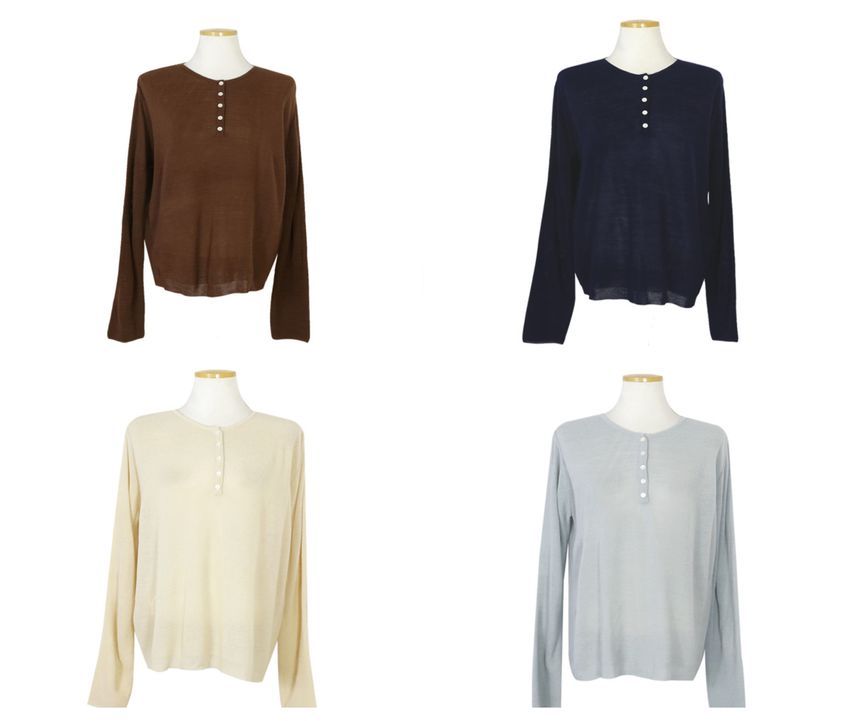 Shinsei - Henley gebreide top met lange mouwen