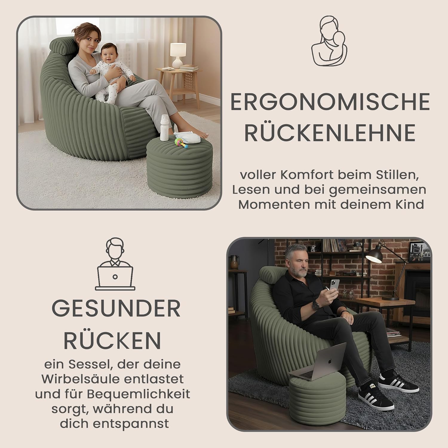 DreamRoots Sitzsack Erwachsene - Sessel Wohnzimmer 92x70x100 cm mit Hocker, Kopfstütze und Aufbewahrungstasche - Bean Bag Chair - Lesesessel Bequem Superweich und flauschig Cord 420 g/m² - Grün