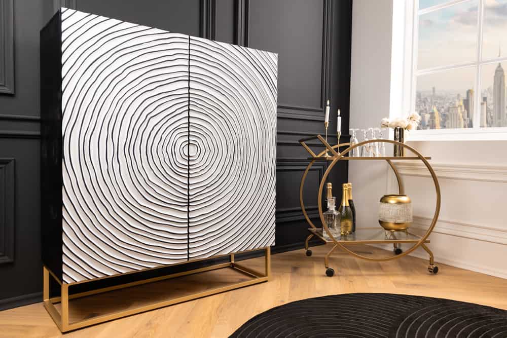 Massivholz Highboard ZEN CIRCLES 120cm weiß schwarz Mangoholz 3D-Design Metall gold