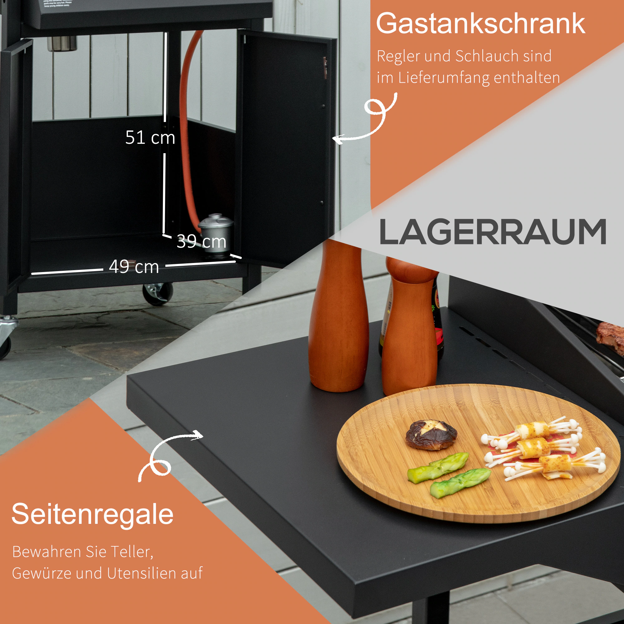 Outsunny Gasgrill mit Rädern schwarz 121L x 55B x 109H cm