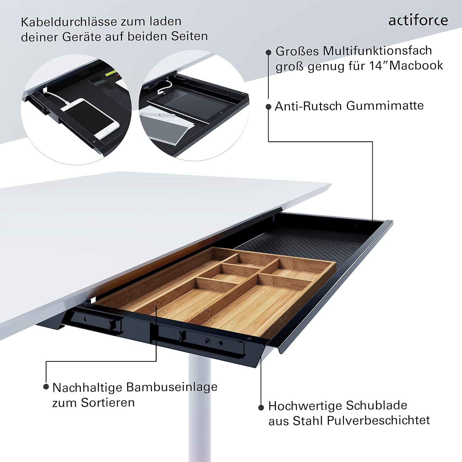 ACTIFORCE® Premium Untertischschublade extrabreit | Herausnehmbare Bambuseinlage | schwarz, Silber, weiß | Einfacher Unterbau, die perfekte Schreibtischschublade für deinen Schreibtisch