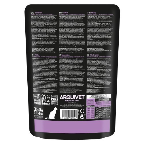 Alimento para gatos esterilizados ou obesos, sabor peru.