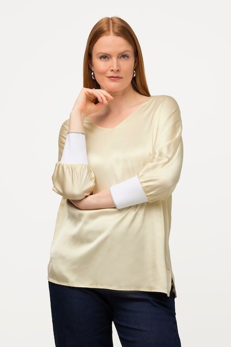 Bluse, Satin, V-Ausschnitt, 3/4-Fledermausärmel