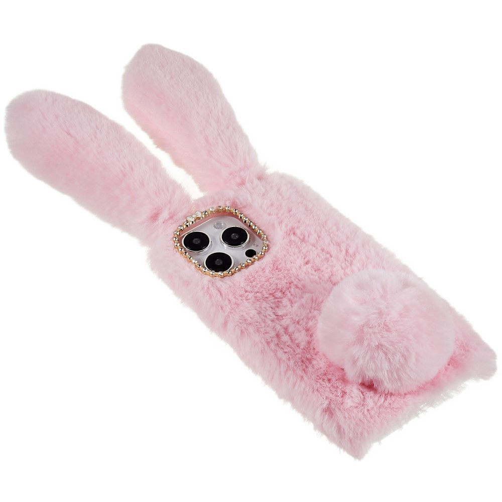 iPhone 14 Pro 3D Gummi Plüsch Case Hülle Bunny mit Flauschigen Hasenohren - Rosa