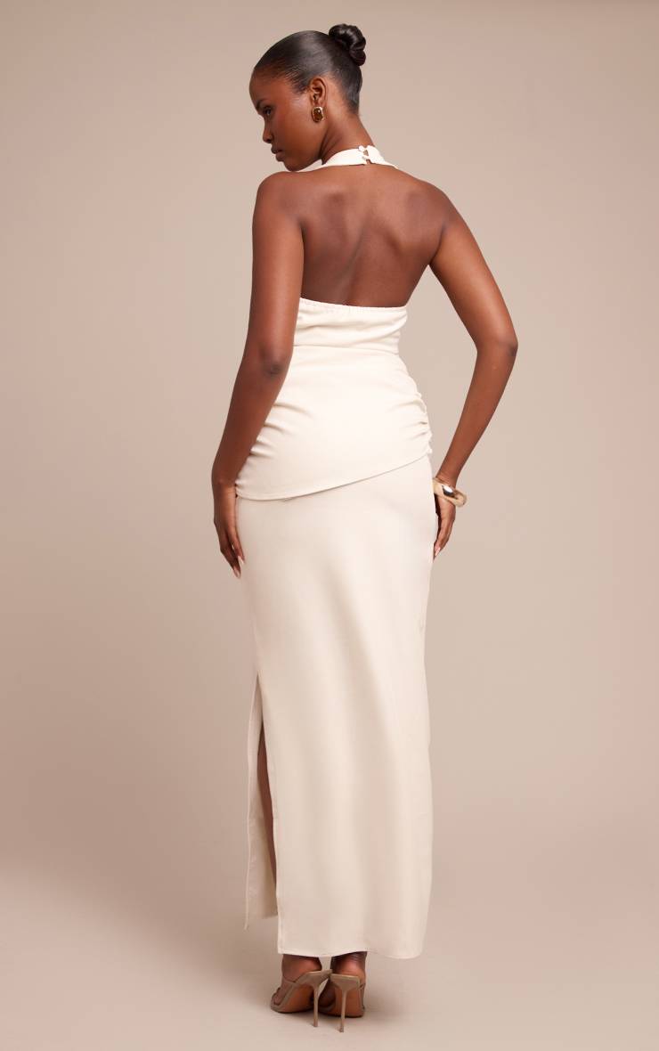 Crème Robe Longue Froncée À Col Nageur