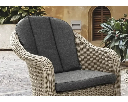 Destiny MALAGA 2-zits balkonset bestaande uit: 2 fauteuils, 2 bijzettafels. Polyrotan, aluminium, glas, beige.