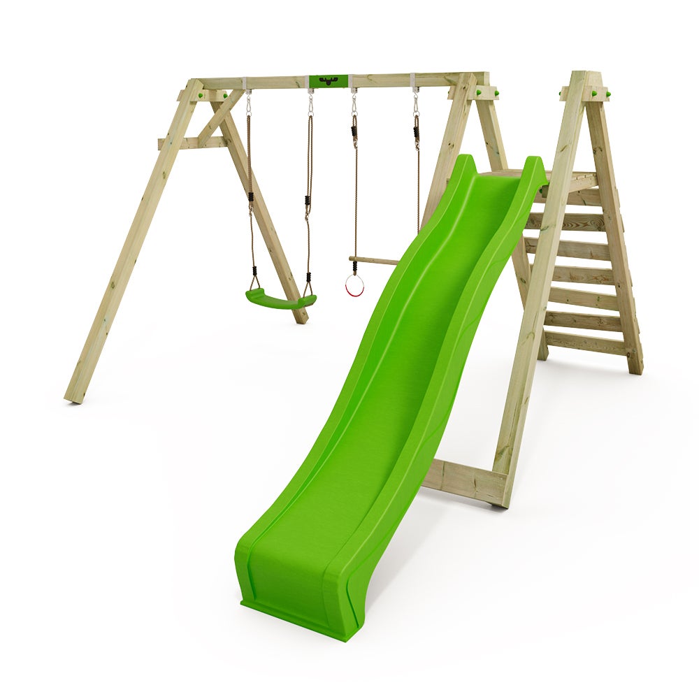 FATMOOSE Kinderschommelset JollyJay met glijbaan, schommelframe, dubbele schommel, houten schommel - appelgroen