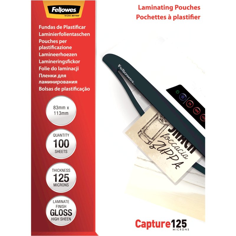 Pochettes de plastification Fellowes brillantes 83 x 113 mm 125 µ brillantes - Boîte de 100