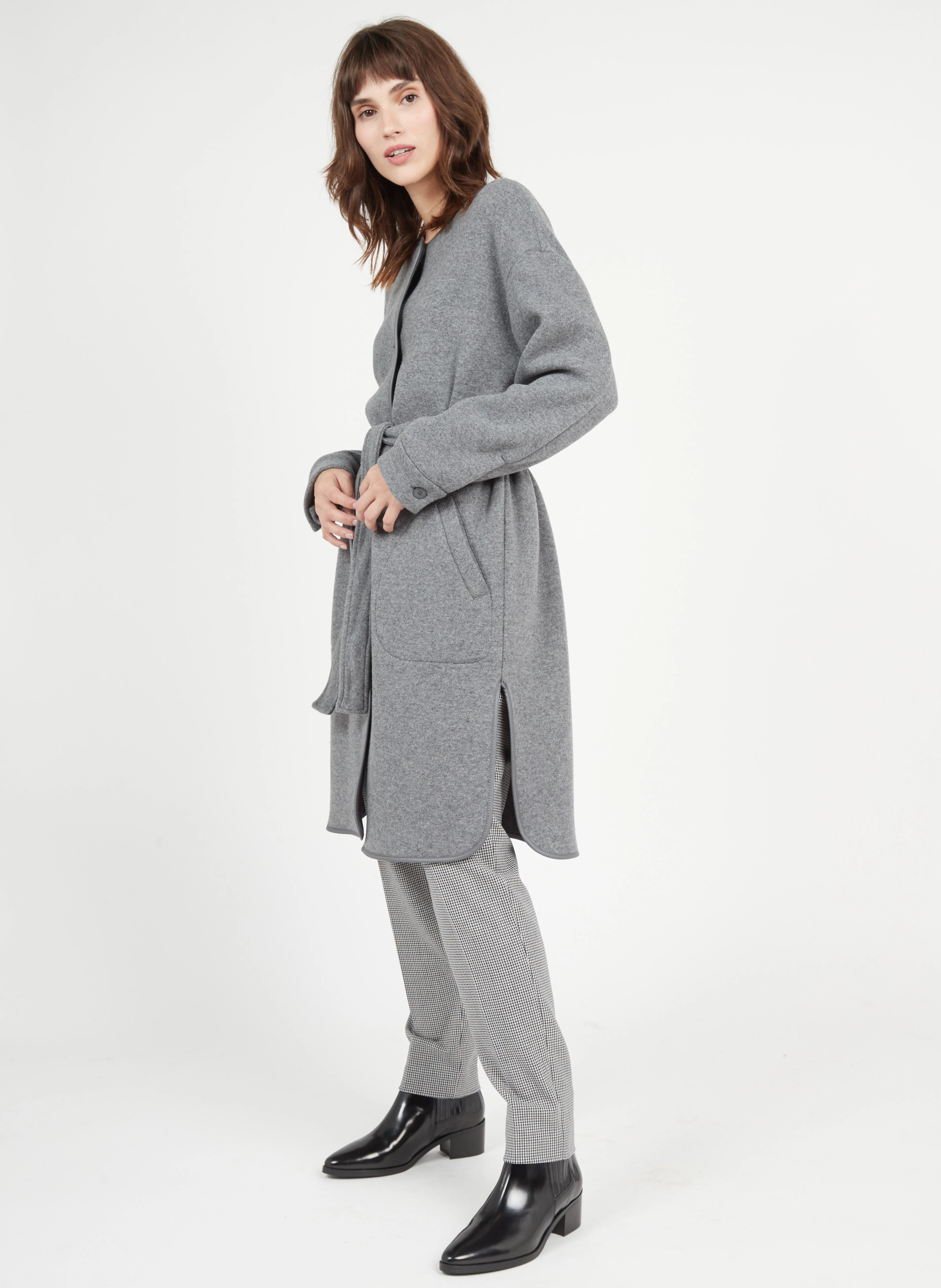 OBICE - Manteau col rond en laine mélangée| Gris