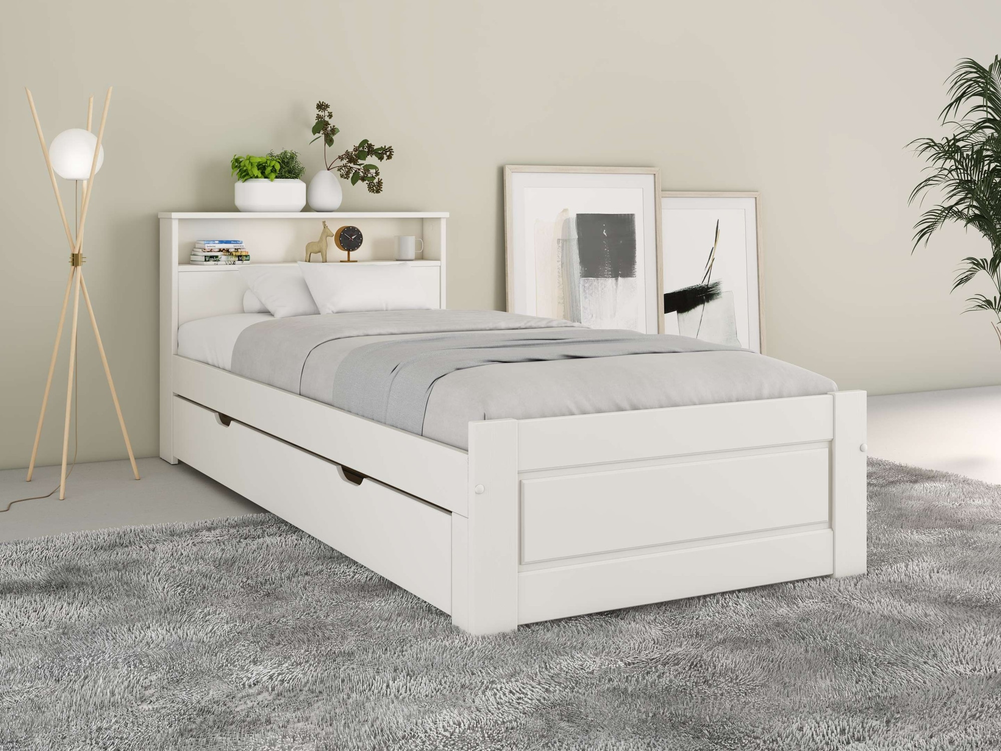 Home affaire Massivholzbett »FLAVION, TOPSELLER! Jugendbett, FSC® zertifizierte massive Kiefer« Breite: 90, 140, 180,  Qualitätsprodukt, Regal, Kassettenoptik, Schublade optional