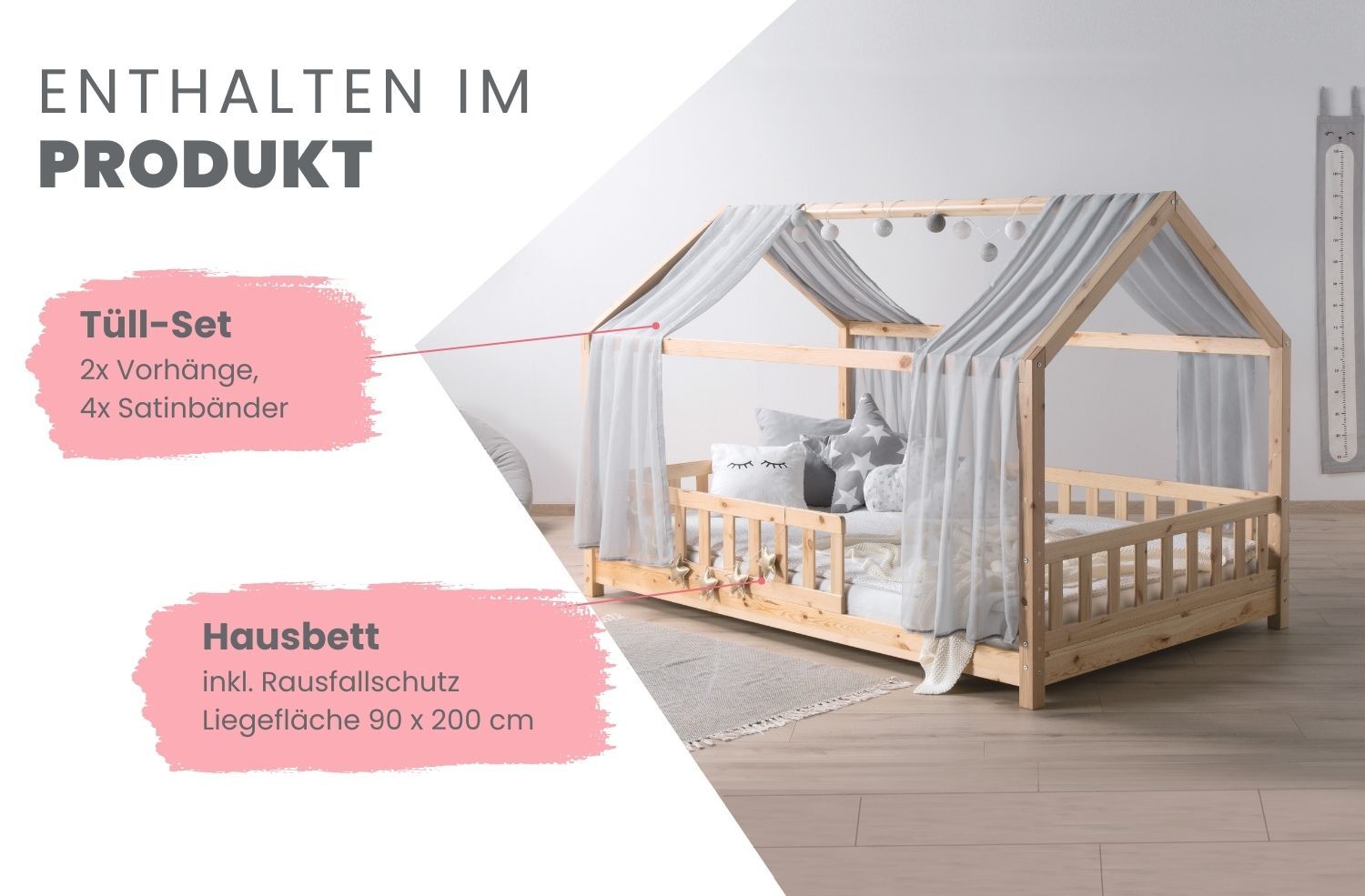 TiCAA TiCAA Kinderbett Hausbett mit Tüll Kim 90x200 cm, 100x200 cm, 120x200 cm, 140x200 für Jungen & Mädchen, inkl. Rolllattenrost, Rausfallschutz variabel, MontessoriBett Natur aus Kiefer Massivholz