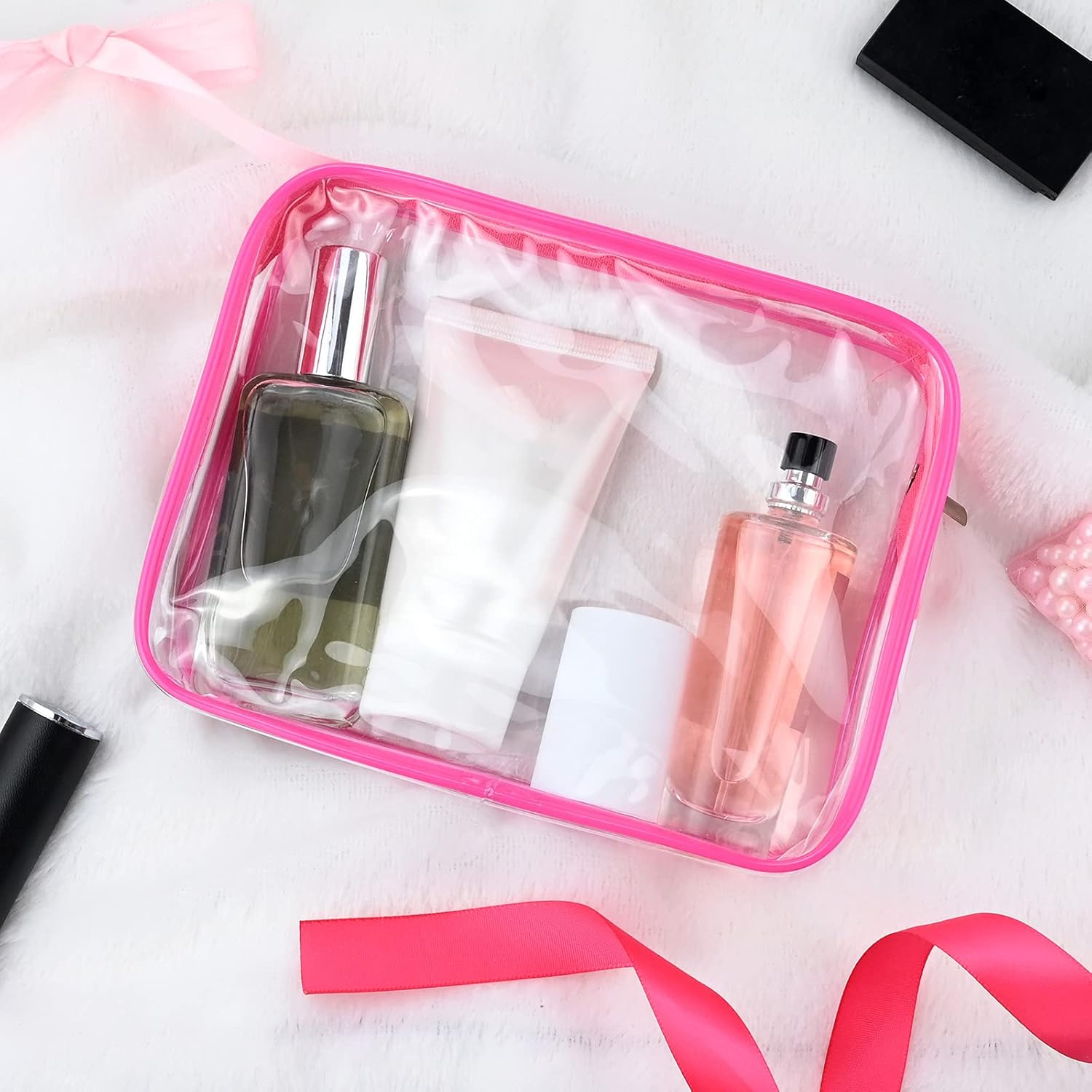(3er Set) Kosmetik Make Up Tasche Handgepäck Necessaire Organizer Bag mit Reissverschluss - Transparent / Pink
