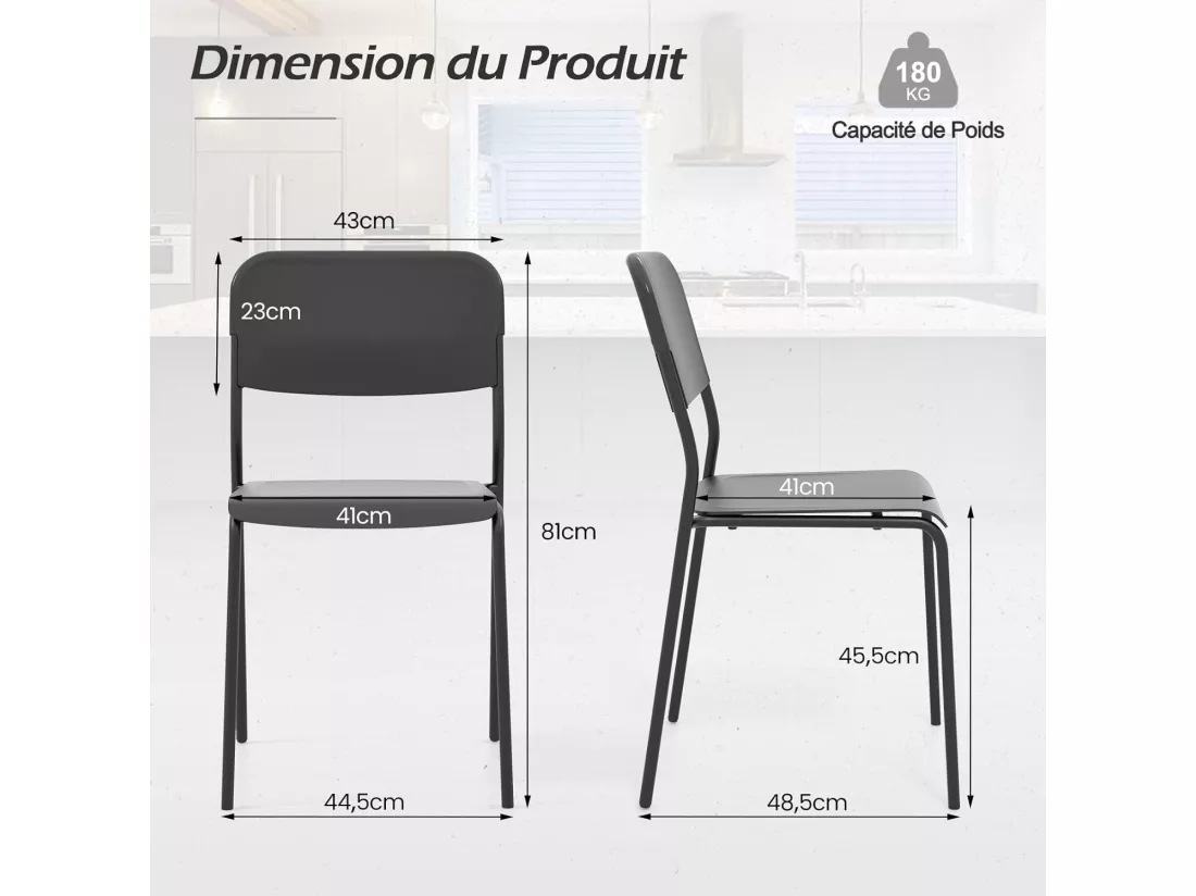 Chaise salle a manger lot de 4, chaise empilables, hauteur d'assise 46 cm (noir)