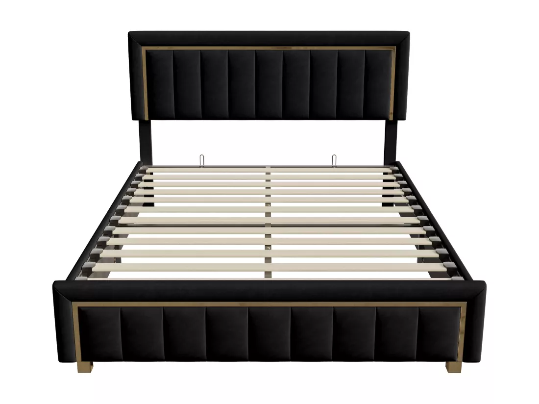 lit double rembourré 140 x 200,lit coffre avec sommier,lit adulte 140 x 200 avec levier hydraulique,velours,noir