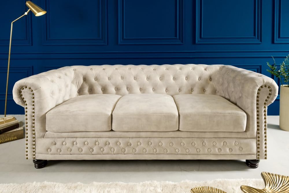 Riess Ambiente Chesterfield 3er Sofa 200cm Samt Champagner beige 3-Sitzer mit Knopfheftung und Federkern Couch Samtcouch Samtsofa Wohnzimmer gepolstert