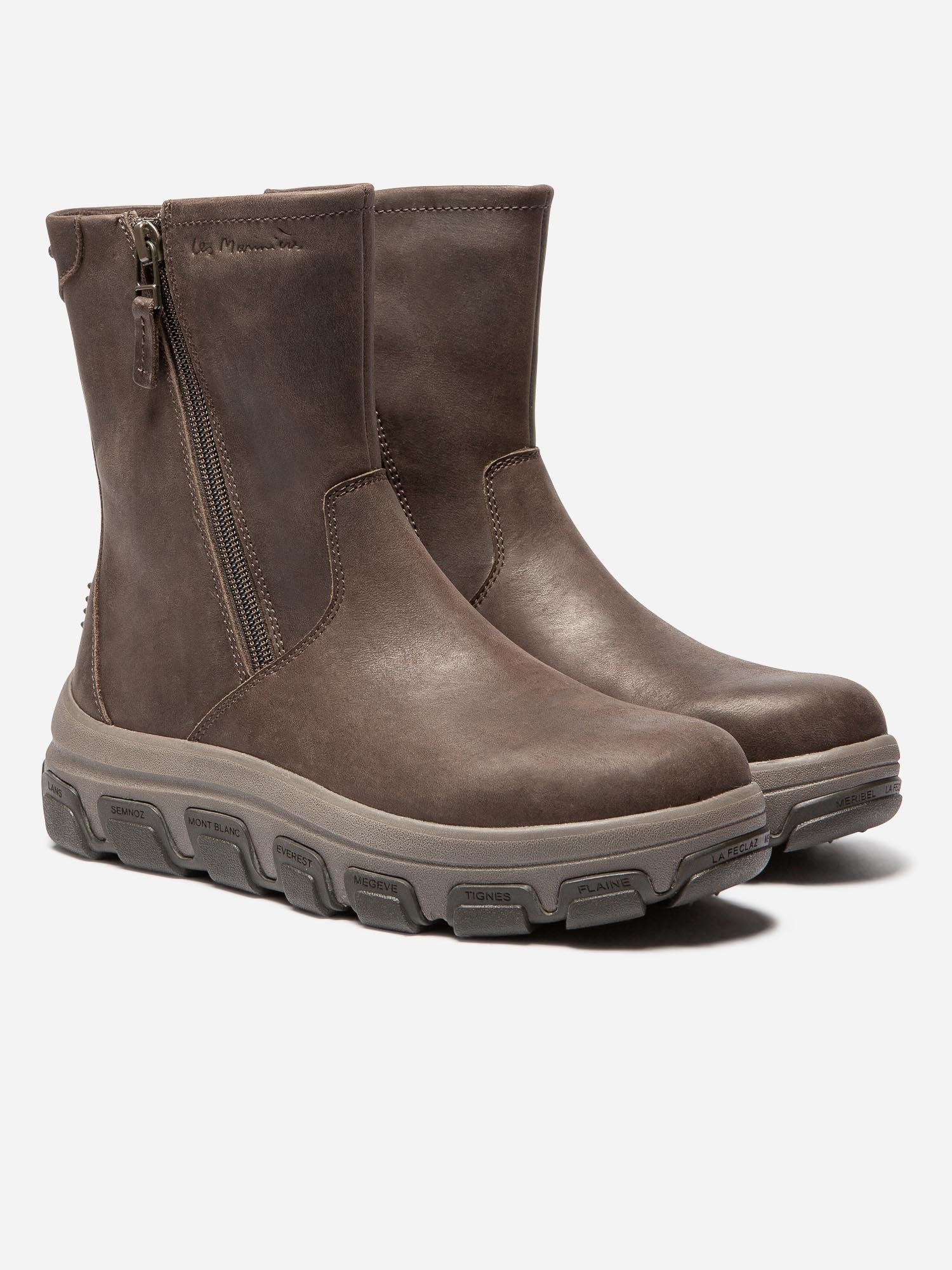 Boots Femme Double Zip Semelle Crantée Cuir Marron
