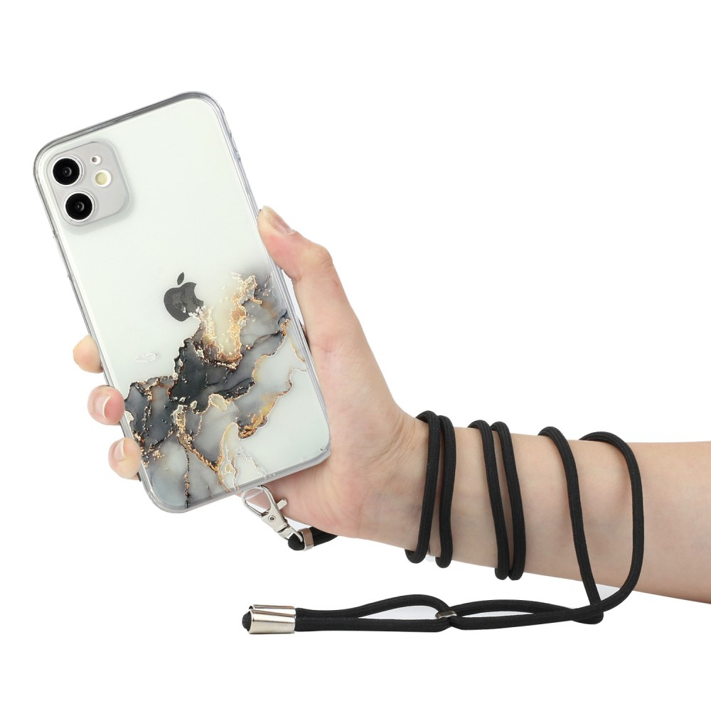 iPhone 11 Necklace Gummi Hülle Marmor Look mit Kameraschutz   Handykette (80cm) - Schwarz