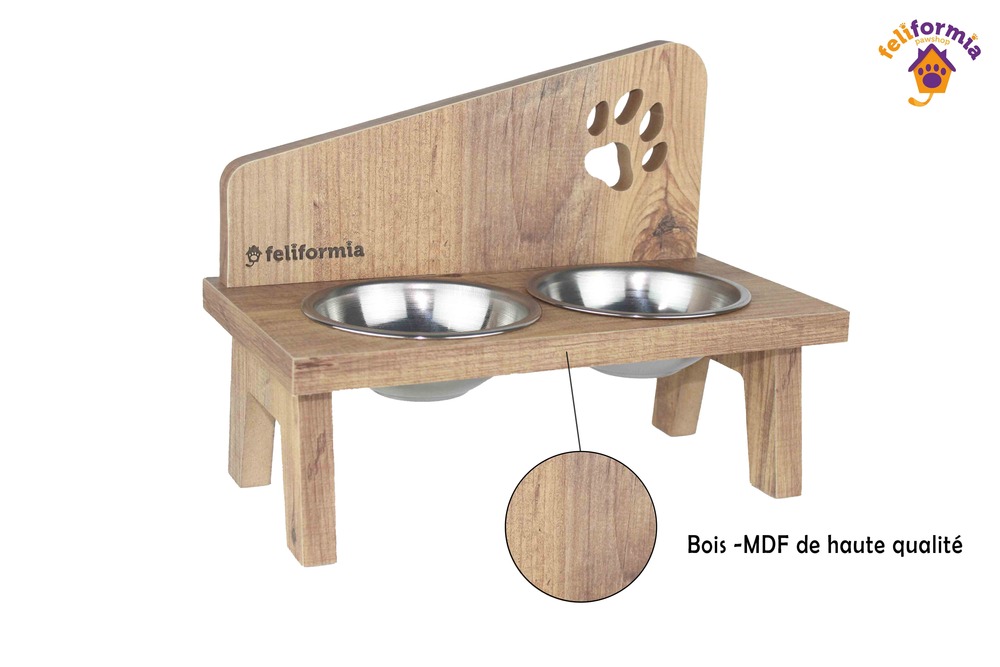 Feliformia® Gamelle Chat 600ml Support en bois avec 2 Bols Gamelle Chat surélevée acier inoxydable Bol pour Chat et Petit Chien