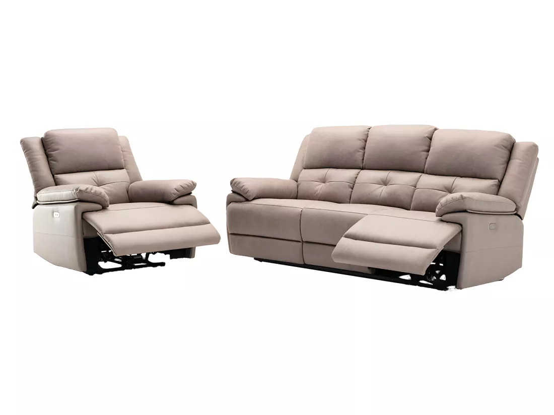 Canapé 3 places et fauteuil relax électrique en tissu taupe DOLENE
