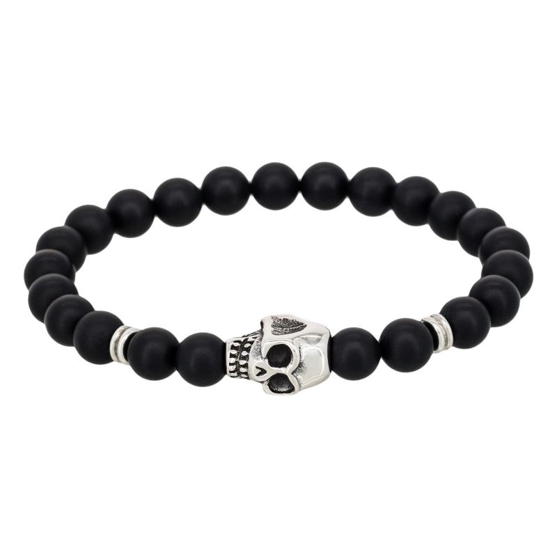 Bracelet Homme élastique acier tête de mort et pierres noires 