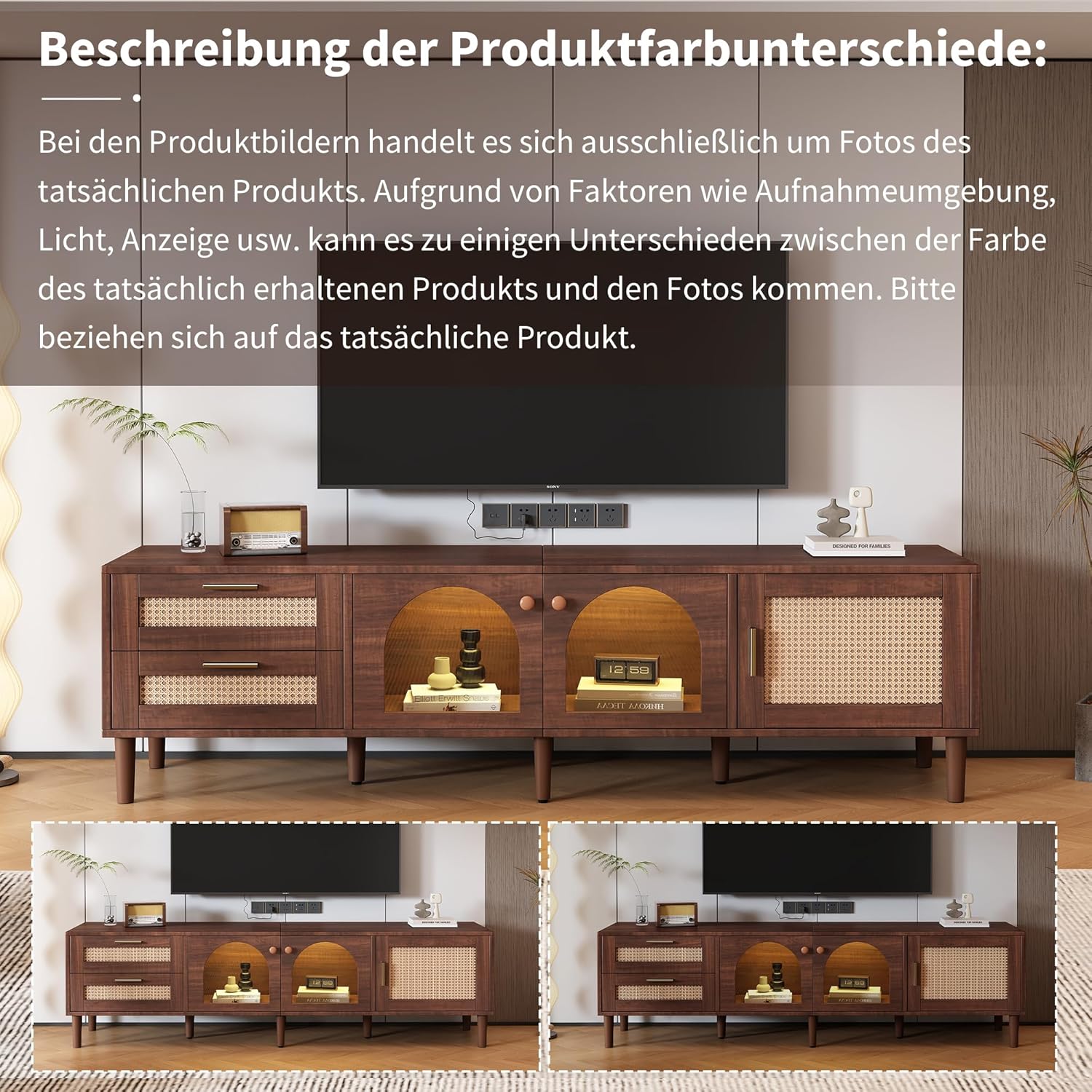TV-Schrank, Fernsehtisch mit LED, 180 cm TV Lowboard mit Rattan Schubladen und Tür, Modern TV Board, TV-Regal mit Glastüren für Fernseher bis zu 80 Zoll, für Wohnzimmer und Esszimmer