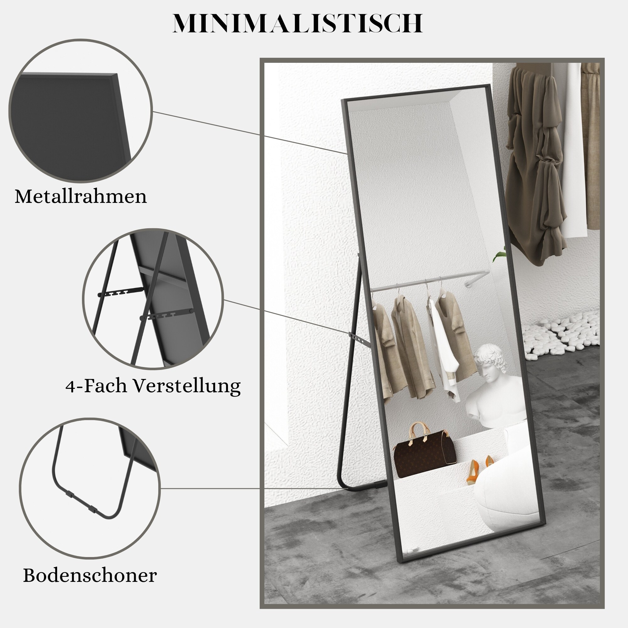 Albatros Ganzkörperspiegel –Rechteckig Spiegel mit schwarzem Rahmen - Standspiegel oder großer Wandspiegel im modernen Design, 140 x 50 cm groß – hochwertiges und nachhaltiges Glas