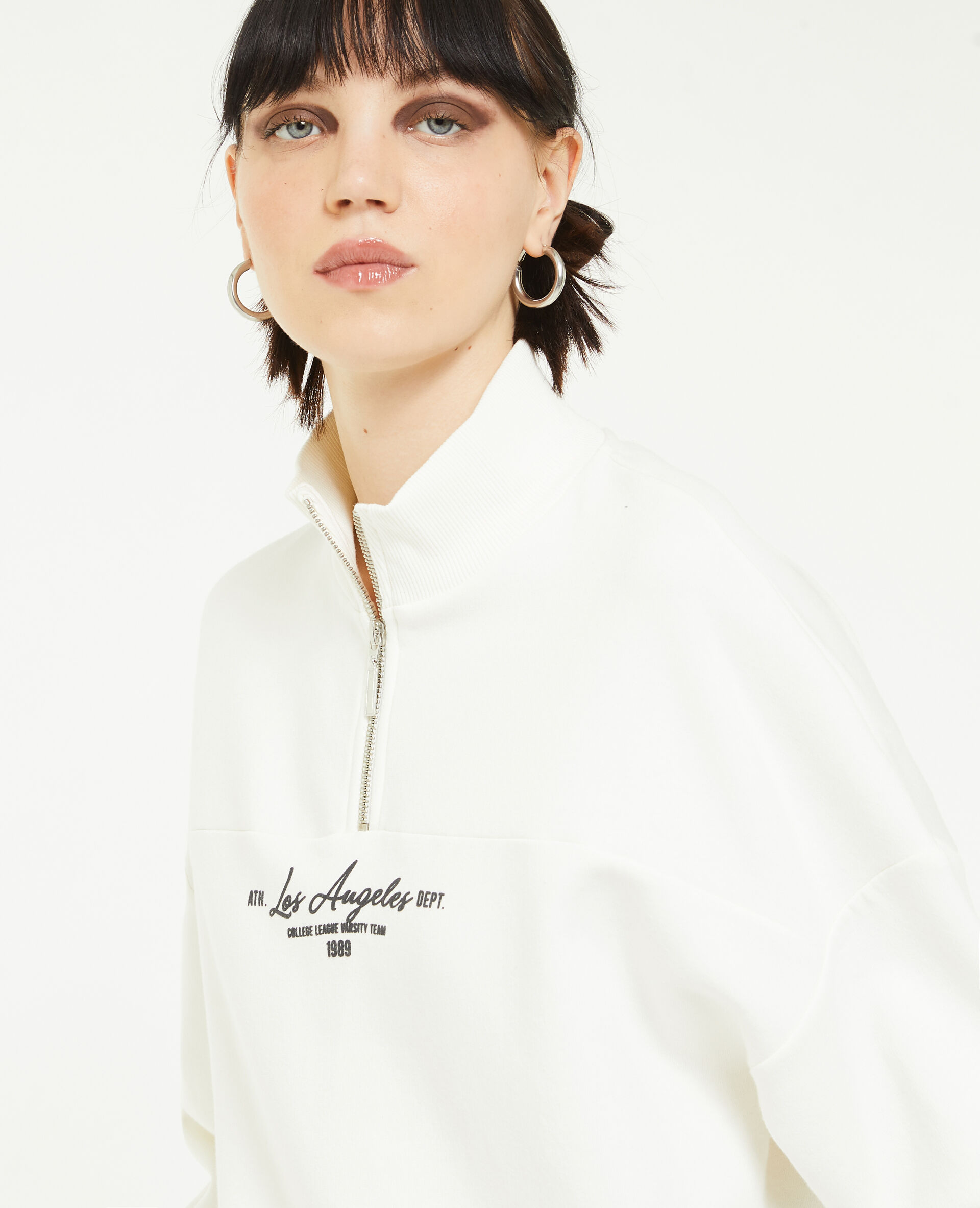 Sweat avec flocage col zippé - Blanc