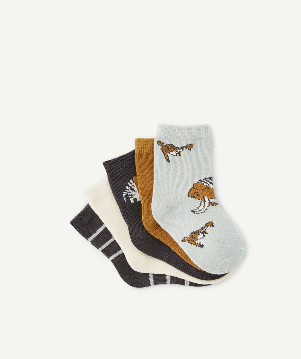 LOT DE 5 CHAUSSETTES BÉBÉ GARÇON AVEC MOTIFS ANIMAUX UNIS ET RAYURES