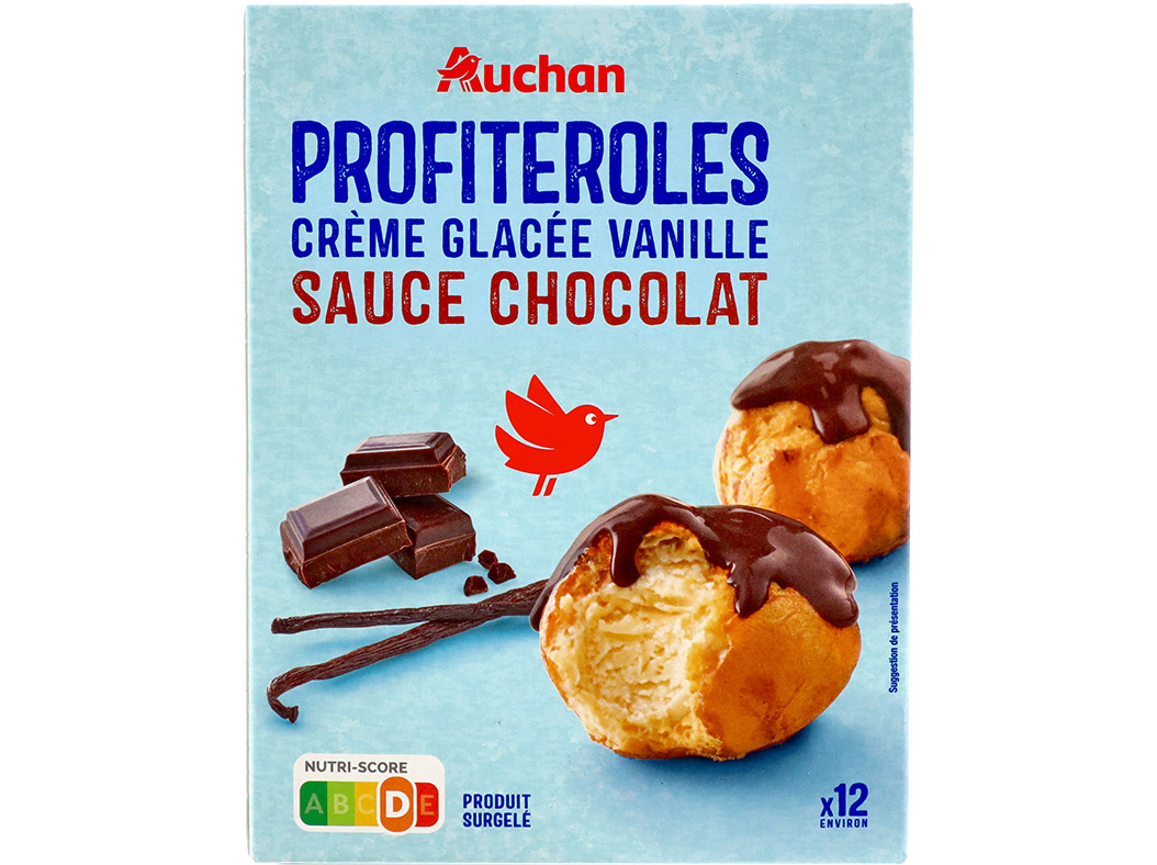PROFITEROLES AUCHAN RECHEIO GELADO DE BAUNILHA E MOLHO DE CHOCOLATE 280G