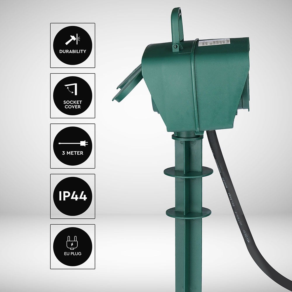 V-TAC VT-1114-3 - 4-voudige tuinstopcontacten - Groen - IP44 - 3m kabel - Tuinpen