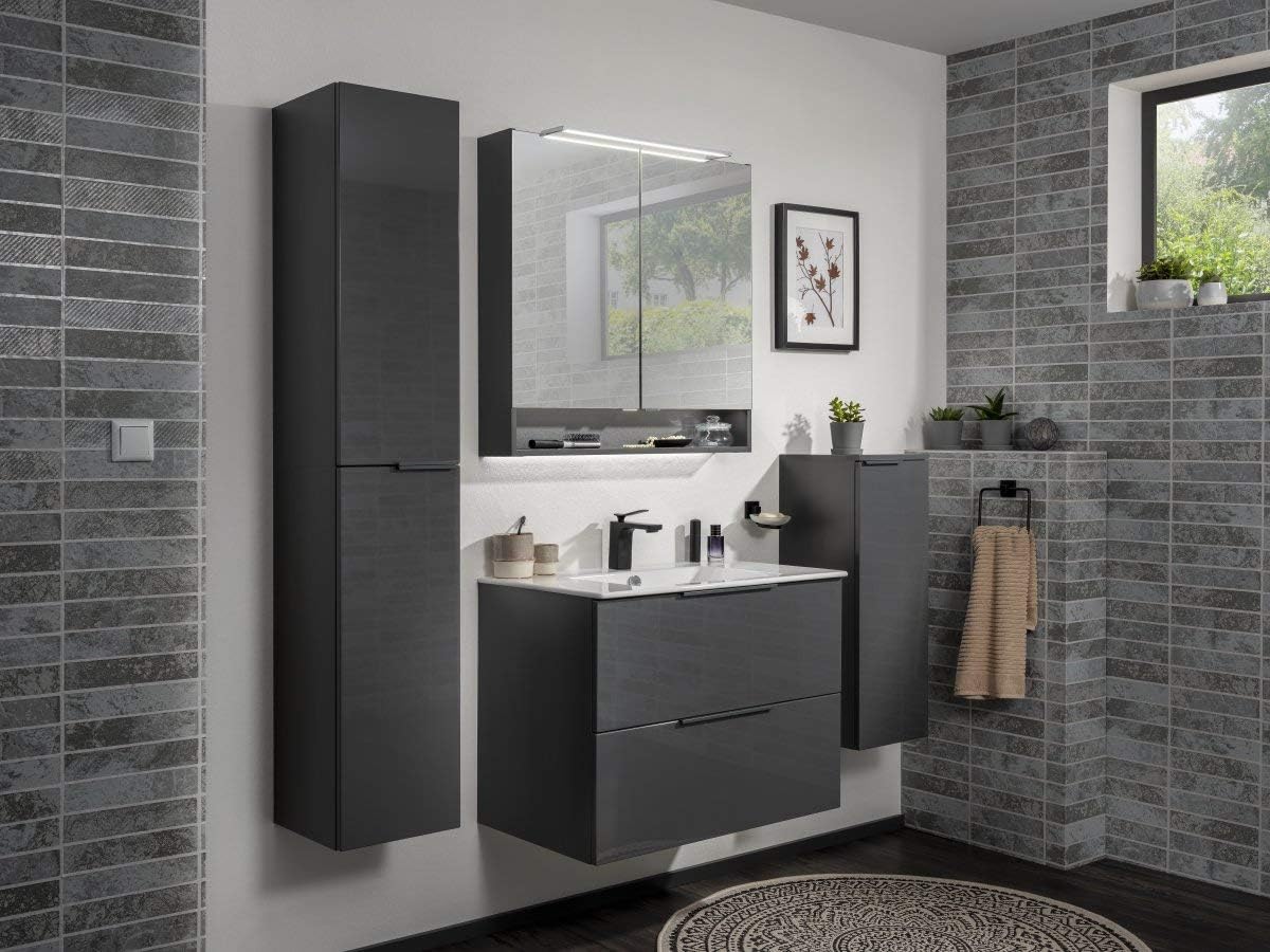 FACKELMANN Luna Badmöbel Set 2 Teile/Keramik Waschbecken/Waschbeckenunterschrank mit 2 Schubladen/Badschrank mit Soft-Close/hochwertige Möbel fürs Bad/Korpus & Front: Anthrazit/Breite: 80 cm