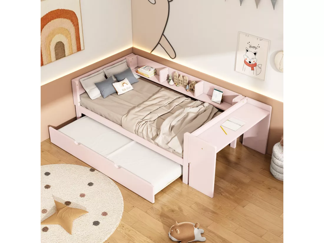 Lit gigogne 90 x 200 cm + 90 x 180 cm avec bureau et 3 étagères - bois massif de pin - sommier à lattes - rose
