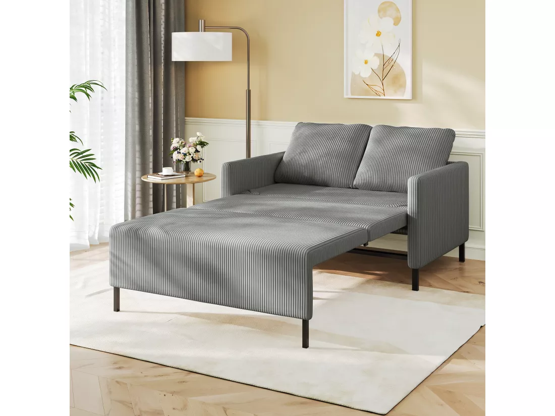 Canape 2 places convertible clic-clac, en Velours côtelé gris, Couchage 170 cm, Matelas 10 cm, pour Studio/Salon/Chambre