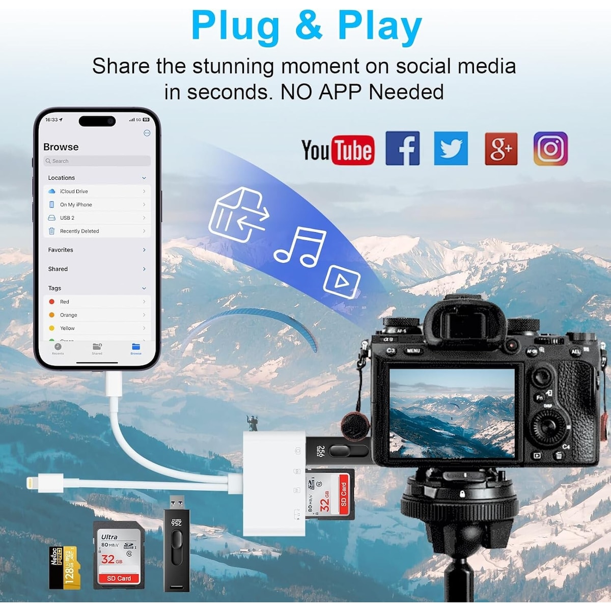 NÖRDIC USB-C, Lightning-kortleser 2 spor SD, MicroSD 1xUSB-A, 1xUSB-C UHS-I