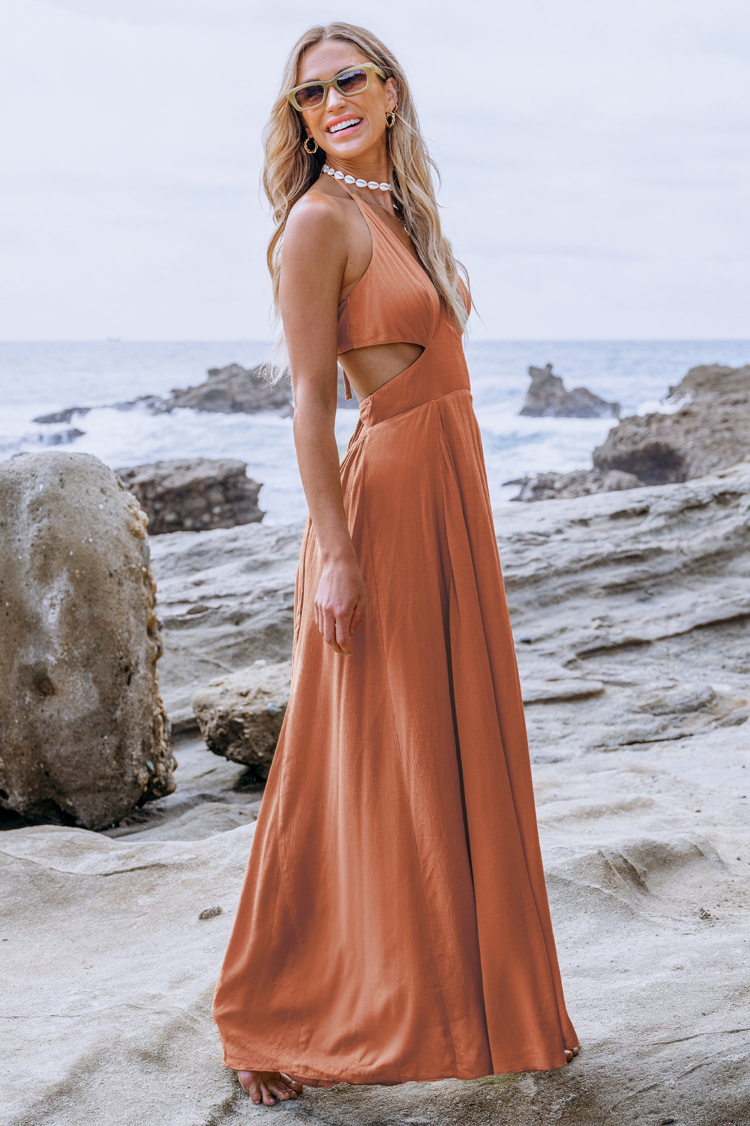 Robe maxi à col licou plongeante rouge brique
