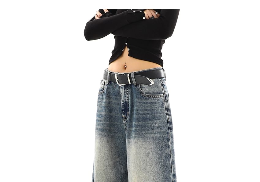 Elyou - Mid Waist Washed Wide Leg Jeans