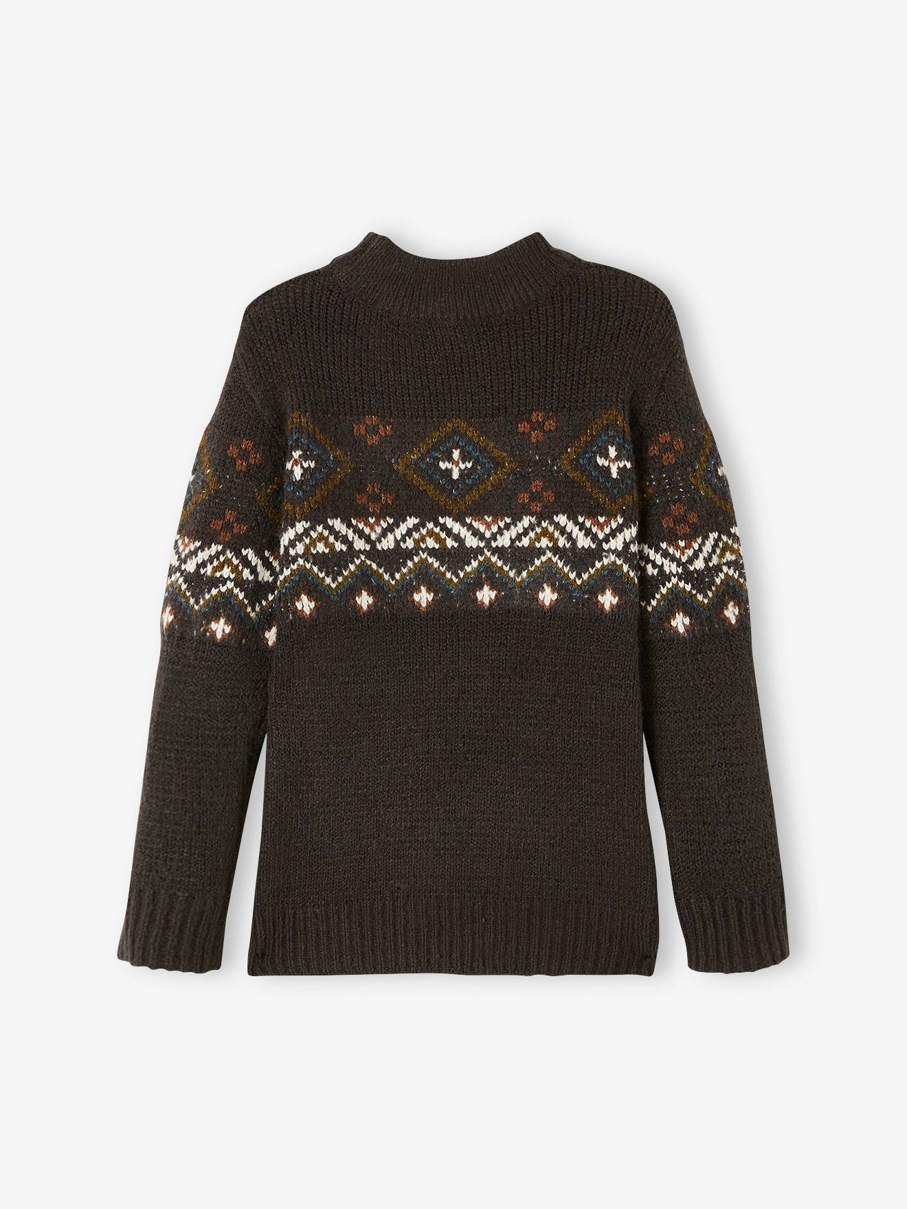 Suéter infantil preto liso em jacquard, tamanho médio, com estampas.