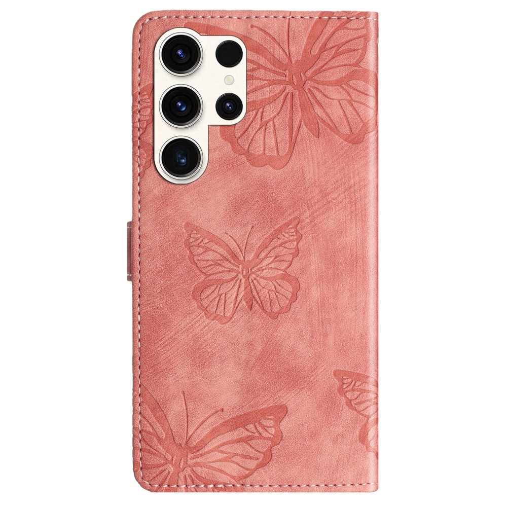 Samsung Galaxy S24 Ultra Leder Tasche Wallet   Trageschlaufe - Butterflies Imprint - Rosa