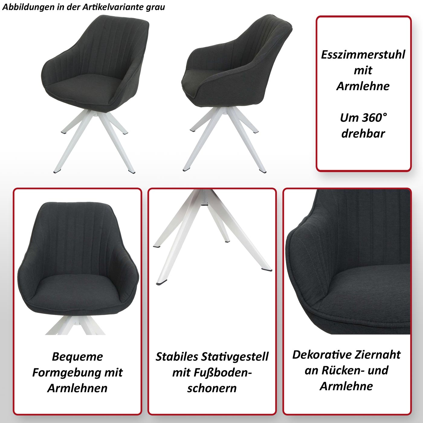 6er-Set Esszimmerstuhl MCW-K27, Küchenstuhl Stuhl mit Armlehne, drehbar Stoff/Textil ~ dunkelgrau