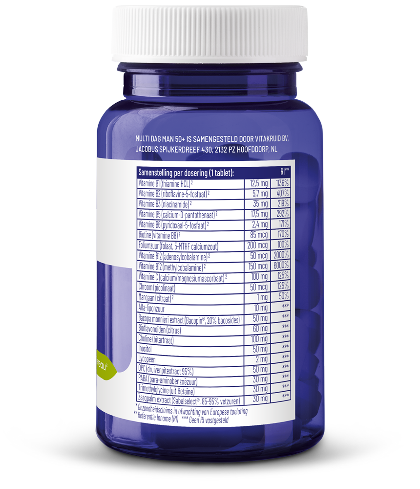 Vitakruid Multi Dag Man 50+ 100% Vegan (30 tabletten)