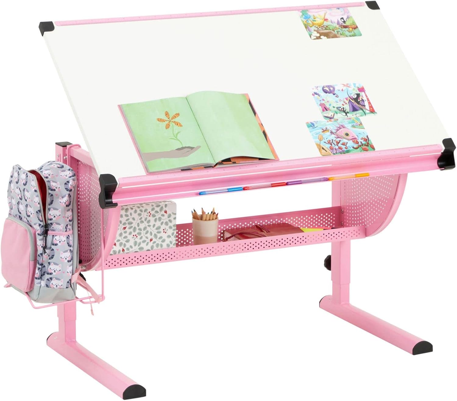 CARO-Möbel Kinderschreibtisch Sari höhenverstellbar in weiß/rosa, Schreibtisch für Kinder neigbar mit Rille für Stifte, Schülerschreibtisch mit Ablage und Rucksackhalterung